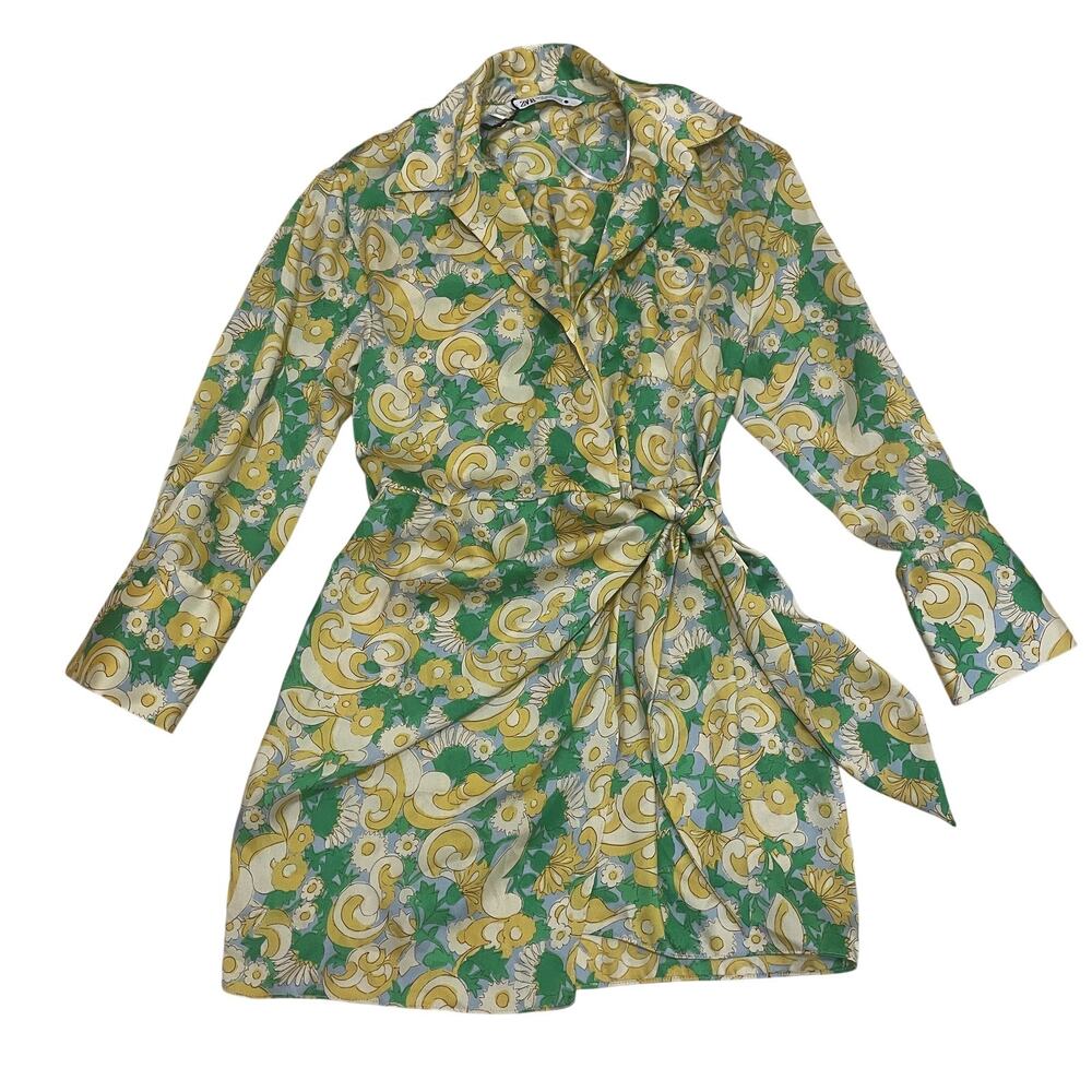 Zara Green and Yellow Floral Wrap Mini Dress